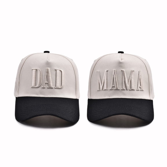MAMA & DAD Embroidered Baseball Cap, Two-Tone Retro Trucker Hat Set, Adjustable Matching Couple Hats for Father's Day, Mother's Day, and Family Outings-Beige