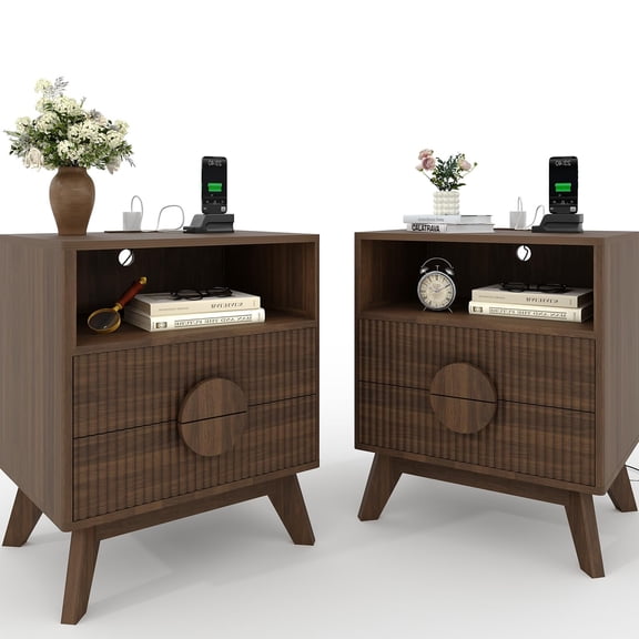 Fluted Nightstand with Charging Station - 19.6" Wide Modern Bedside Table with 2 Drawers, Wood End Table for Bedroom