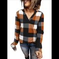 thumbnail image 2 of Blusas de Trabajo Básicas Informales para Mujer, con Cuello en V, Estampado A Cuadros, Puños y Larga. Naranja M, 2 of 7