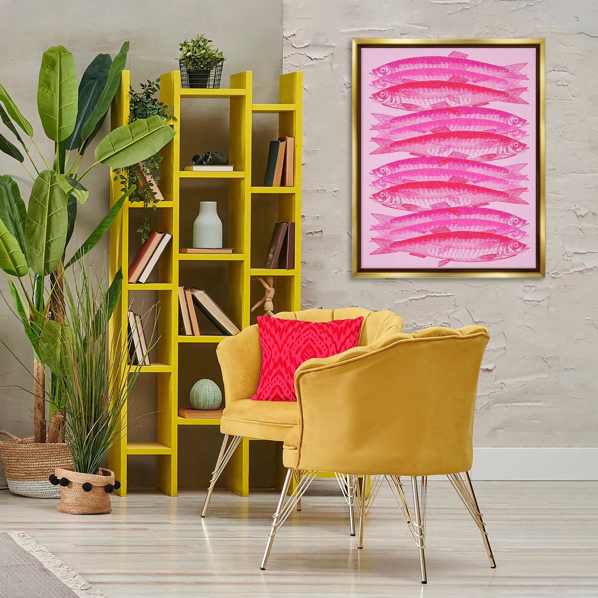 Stupell Industries Pink Layered Fish Animals & Insects Painting Gold Floater Framed Canvas Art Print Wall Art, 25 x 31