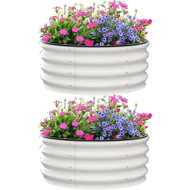 Kit de 2 Camas de Jardín Elevadas Redondas – 4x4x1 Pie – Acero Galvanizado – Macetero Resistente – Hierbas, Vegetales y Flores – Beige – Garvee