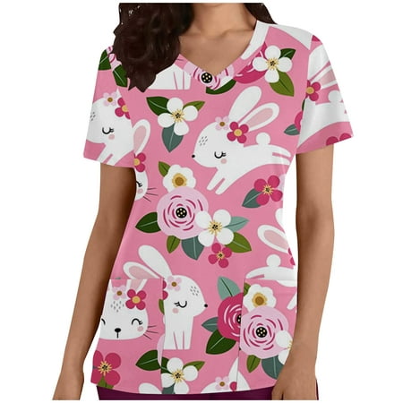 

LWZWM Summer Graphic Tees for Women Easter Top V-Neck Short Sleeve Scrub Top Button Down Easter Egg With Pocket Pink XL