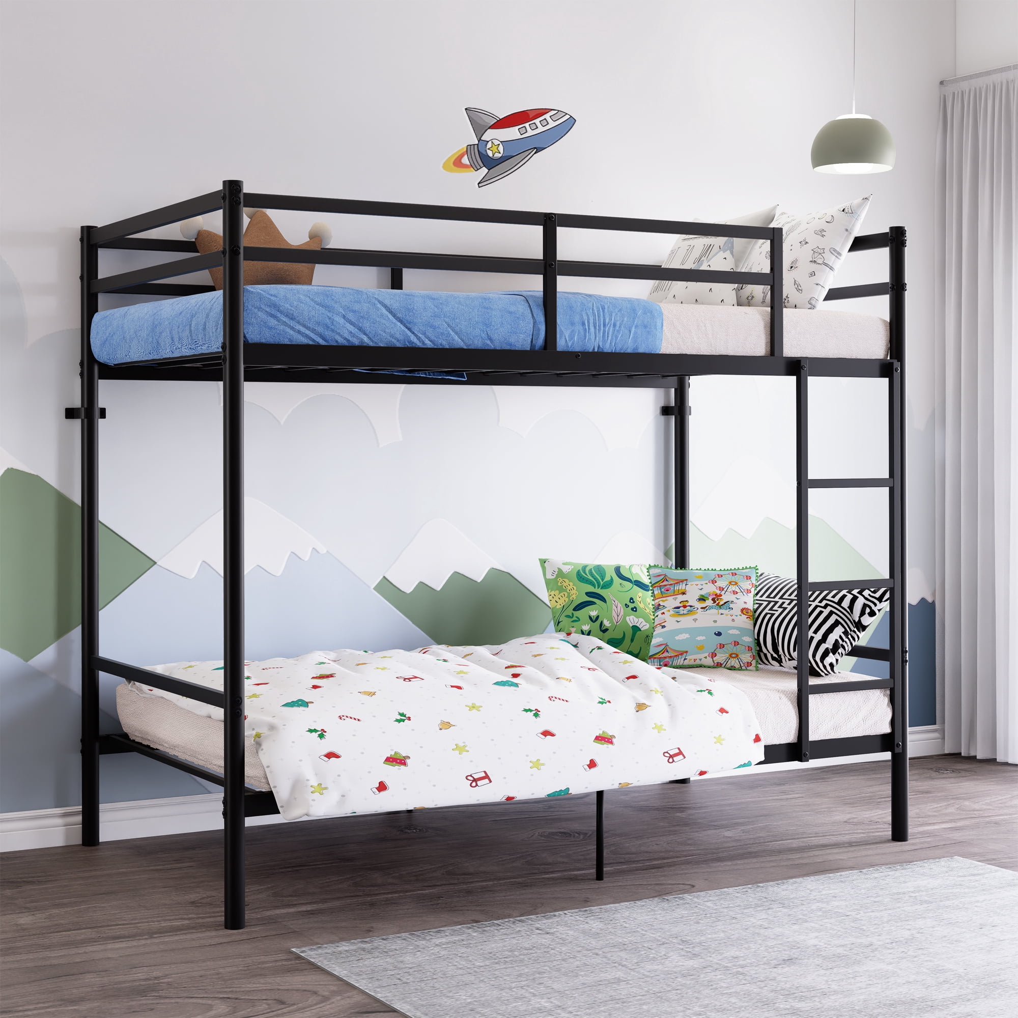 Leumius Twin Over Twin Metal Bunk Bed,Heavy Duty Bed Frame with Ladder and Guardrail for Bedroom, Dorm, Easy Assembly,Space-Saving,Black