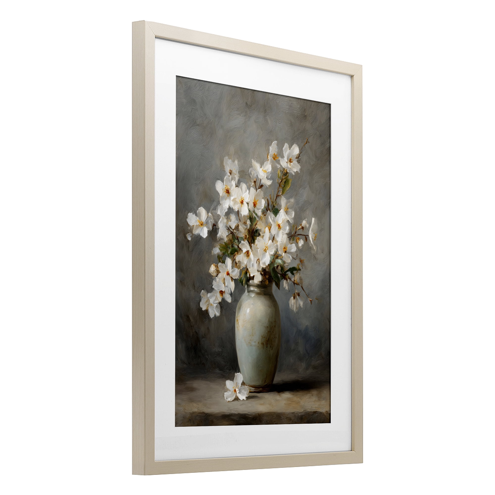 Stupell Industries Full White Flowers in Vase Birch Framed Print Under Glass, design by Petal Prints Design