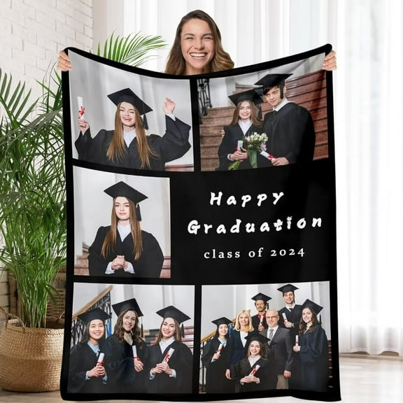AISENIN Personalized Throw Blanket with Photos Text Customized Graduation Blanket Custom Throw Blankets with 5 Pictures