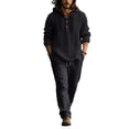 thumbnail image 3 of Natural Linen Two-Piece Set With Hooded Henley Top And Drawstring Pants Button Down Linen Shirts with Hood and Beach Pants Loose Fit Casual Vacation Outfits Black XL, 3 of 5