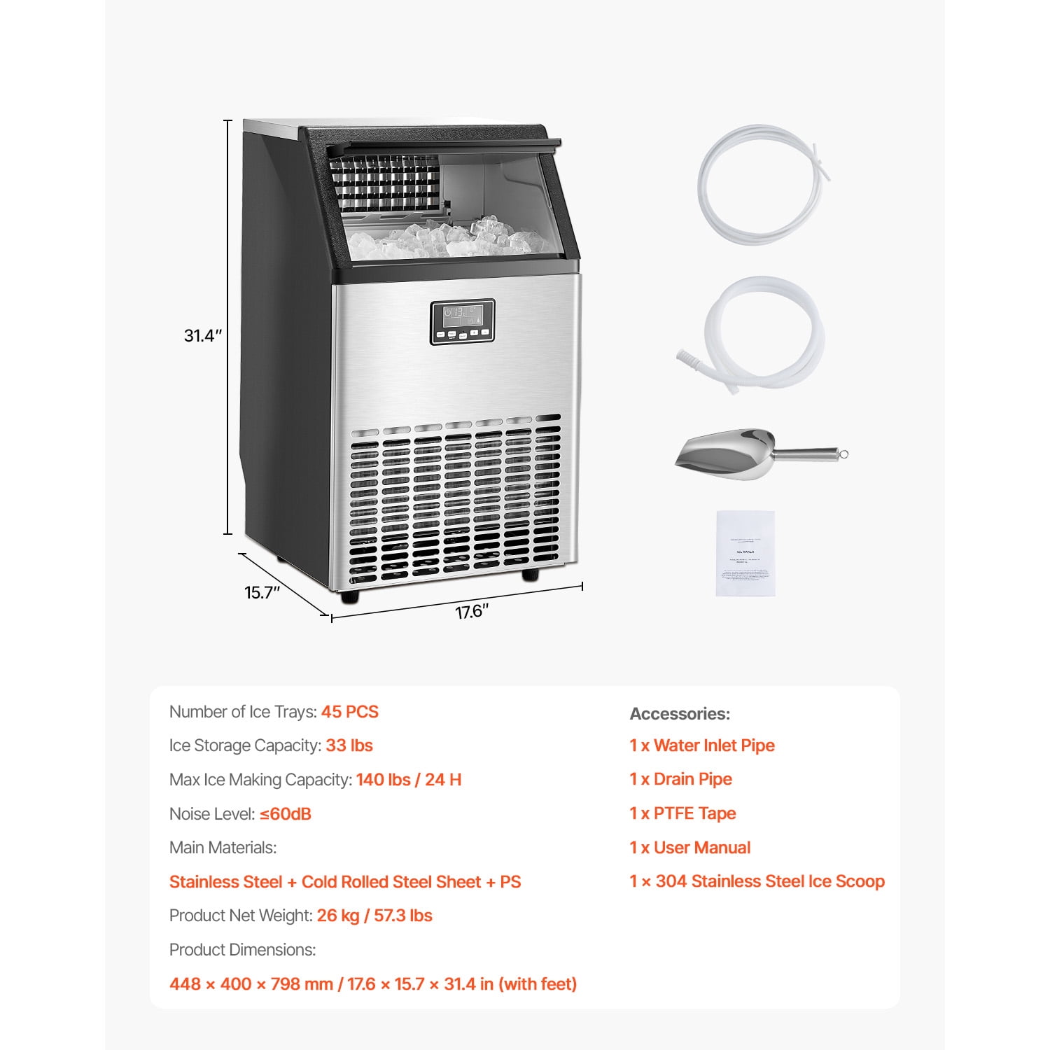KFFKFF 140lbs/24H Commercial Ice Maker Machine Stainless Steel 45Cubes with 33lbs Storage Bins Under Counter ice Machine 18.31 in W, 35in H with Auto Clean