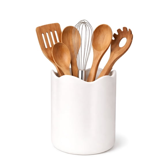 WormHome Ceramic Utensil Holder for Kitchen Counter, 7.1" Large Kitchen Utensil Holder for Countertop with Cork Bottom, Cooking Tool Organizer for Spatula, Matte White