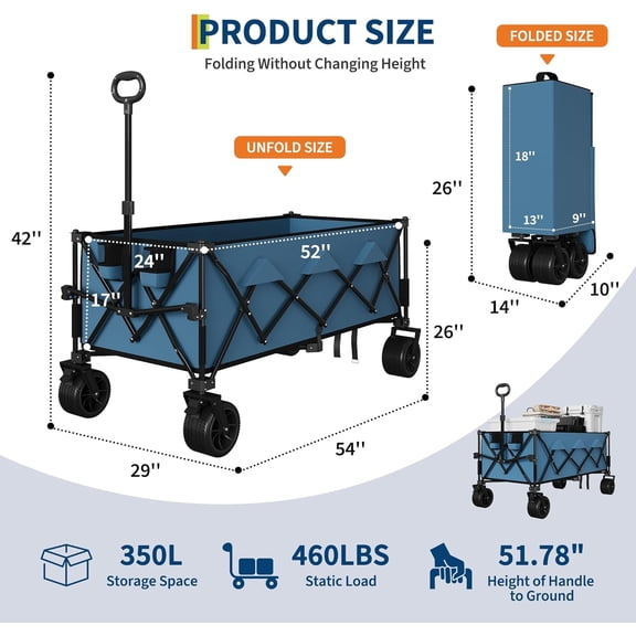 52 Inch Foldable Wagon for Beach with 460lbs Capacity, Heavy Duty 350L Extra Large Collapsible Cart for Camping All Terrain with Cup Holders