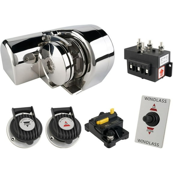 South Bend Components S612 Horizontal Windlass Anchor System, 600W 12V DC, 1200 lbs Pull, 1/4" HT G4 Chain, 1/2" Rope, Stainless Steel Housing for 20–35 ft Boats