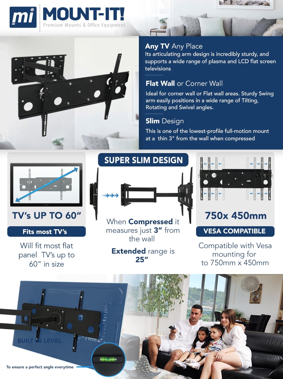 Mount-It! Full Motion TV Mount | Fits 55"-75" TVs | Long Extension Swivel Wall Bracket