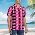 thumbnail image 3 of Balery pink and black argyle Camisas hawaianas de manga corta para hombre, camisas playeras de corte holgado, camisas de vacaciones con botones,3X-Large, 3 of 7