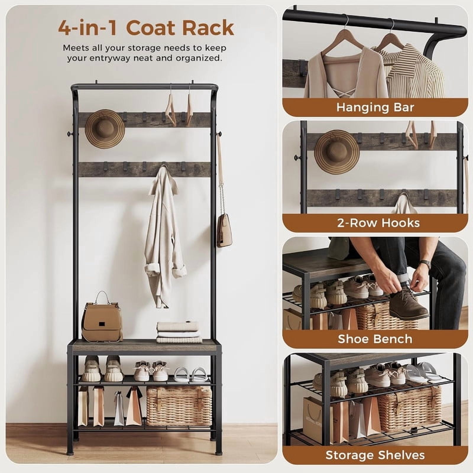 Gianna Hall Tree with Shoe Bench and Coat Rack, 4-in-1 Coat and Shoe Rack for Entryway, Mudroom Storage, Gray