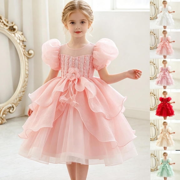 THDHVS Flower Girl Dress,Puff Sleeve Princess Party Gown Elegant Fashion Design for Girls Bridesmaid Birthday Dinner Stage Show,Girls Party Dress Pink 4-5 Years