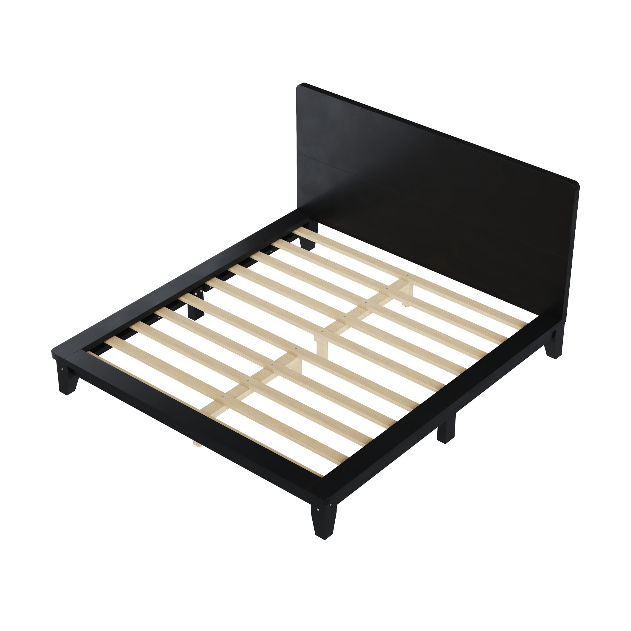 Noble House Hazel Full Size Pine Wood Platform Bed Frame with Legs and Headboard, Mid-Century Modern Design, Black