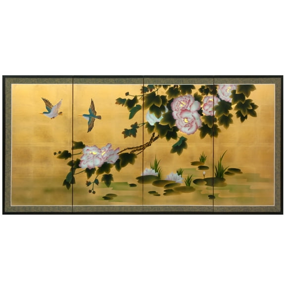 6ft. Long Handpainted Goldleaf Chinese Silk Wall Art Screen - Song Birds