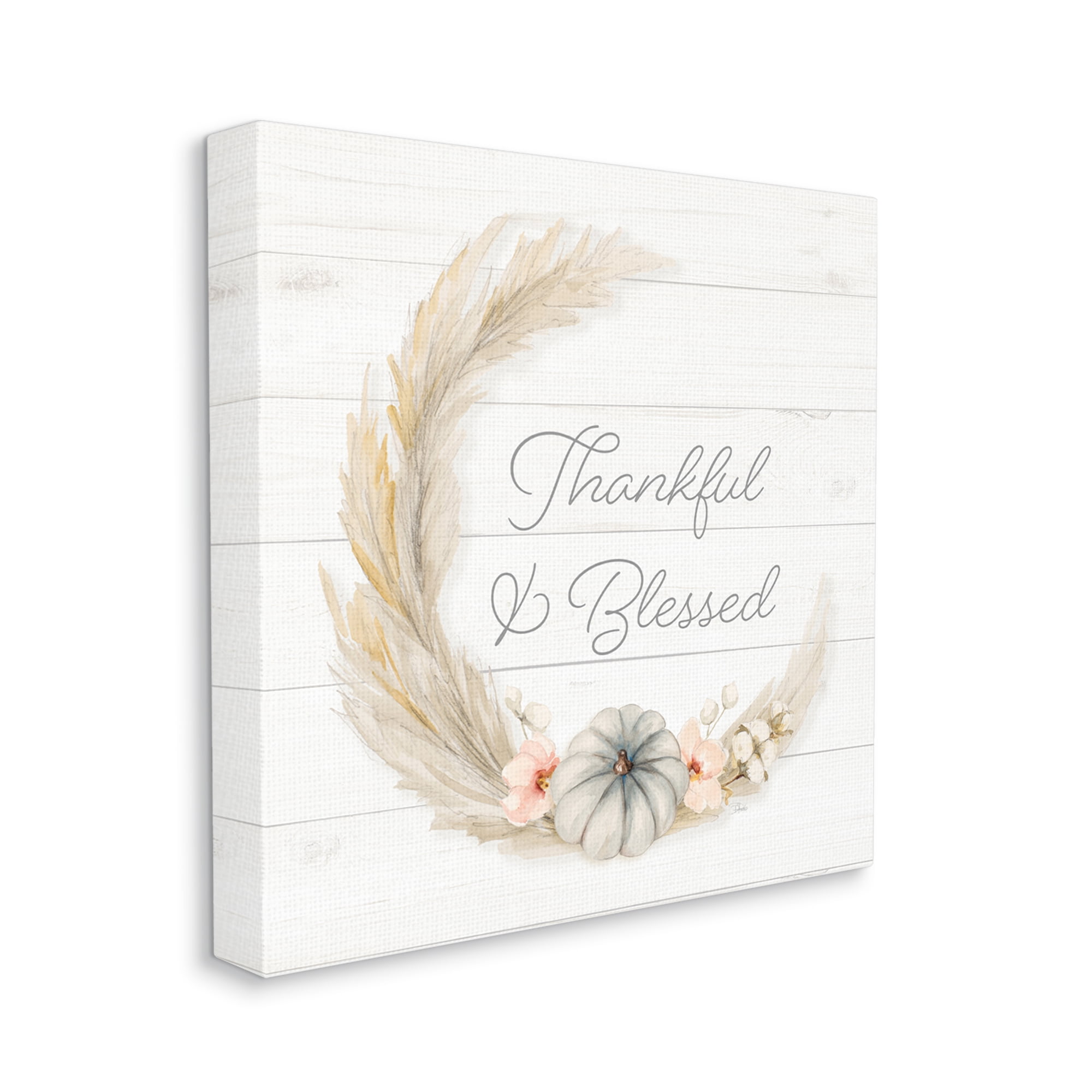 Thankful & Blessed Tender Autumnal Phrase Wreath Inspirational Graphic Art Gallery-Wrapped Canvas Print Wall Art