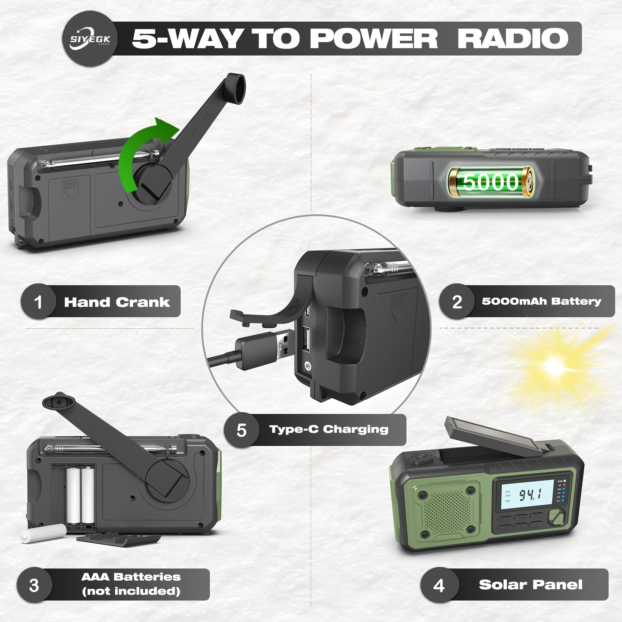 Solar Hand Crank Emergency Weather Radio, 5000mAh NOAA AM FM Battery Powered with Flashlight, Reading Lamp, SOS Alarm for Outdoor Survival Gift