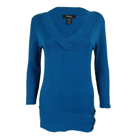 Style & Co. Women's V-Neck Buckle Detailed Sweater (P, Starlit Blue)