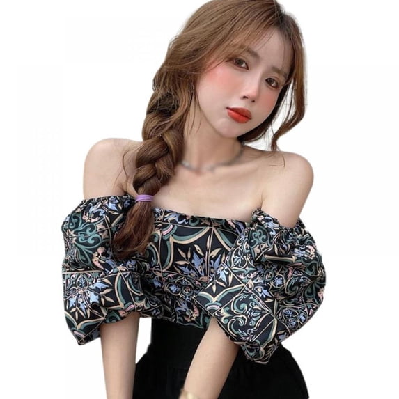 Ladies Korean Retro Printed One-shoulder Slim Navel Puff Short Sleeve Shirt Topwoner One Size