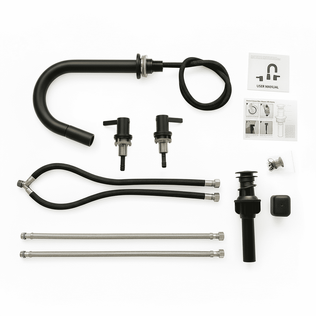 Matte Black 3-Hole Bathroom Faucet, Dual 304 Stainless Steel Handles, Lead-Free Ceramic Valve, 2.2 GPM Pull-Out Sprayer Sink Faucet