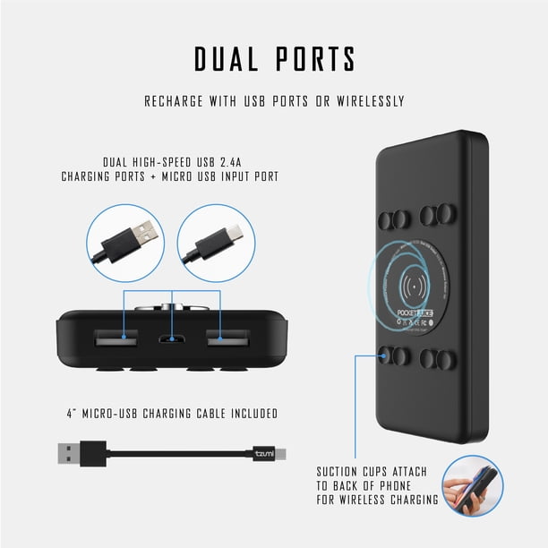 Tzumi Pocket Juice Wireless Plus – 3-in-1 Portable Power Pack with