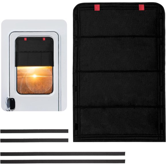 RV Door Window Shade, Foldable Hook and Loop Fastener RV Blackout Window Cover, UV Rays Protection Camper Trailer Door Window Cover, Waterproof Thickened Oxford Fabric (Black-R)