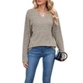 thumbnail image 3 of Women Long Sleeve Shirts Dressy Casual Button V Neck Pullover Sweaters Jumper Tops Fall Outfits Khaki S, 3 of 9