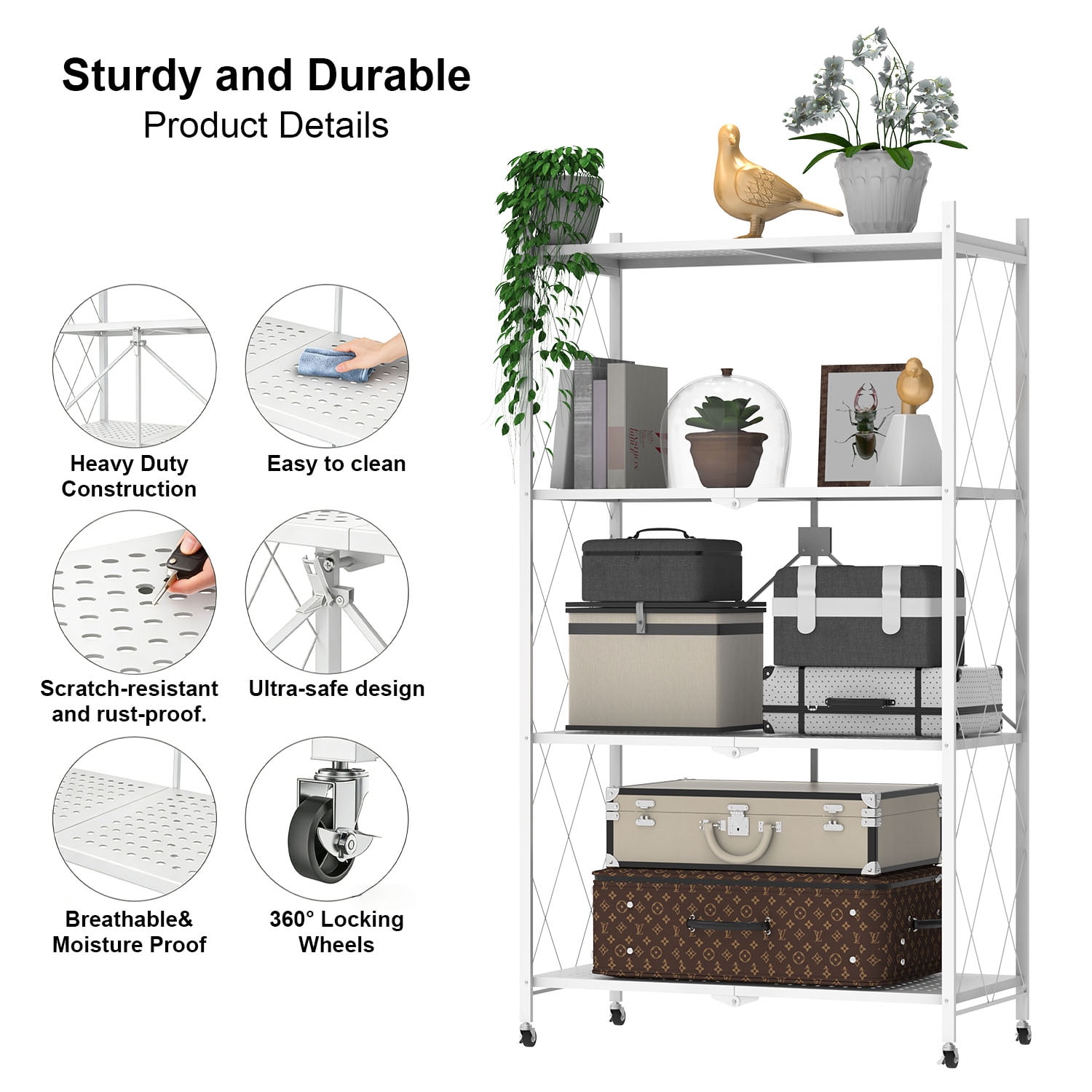 4 Tier Foldable Shelf with Wheels, Portable Carbon Steel No Assembly Organizer, Collapsible Rolling Standing Utility Storage Rack for Kitchen Pantry Office,White