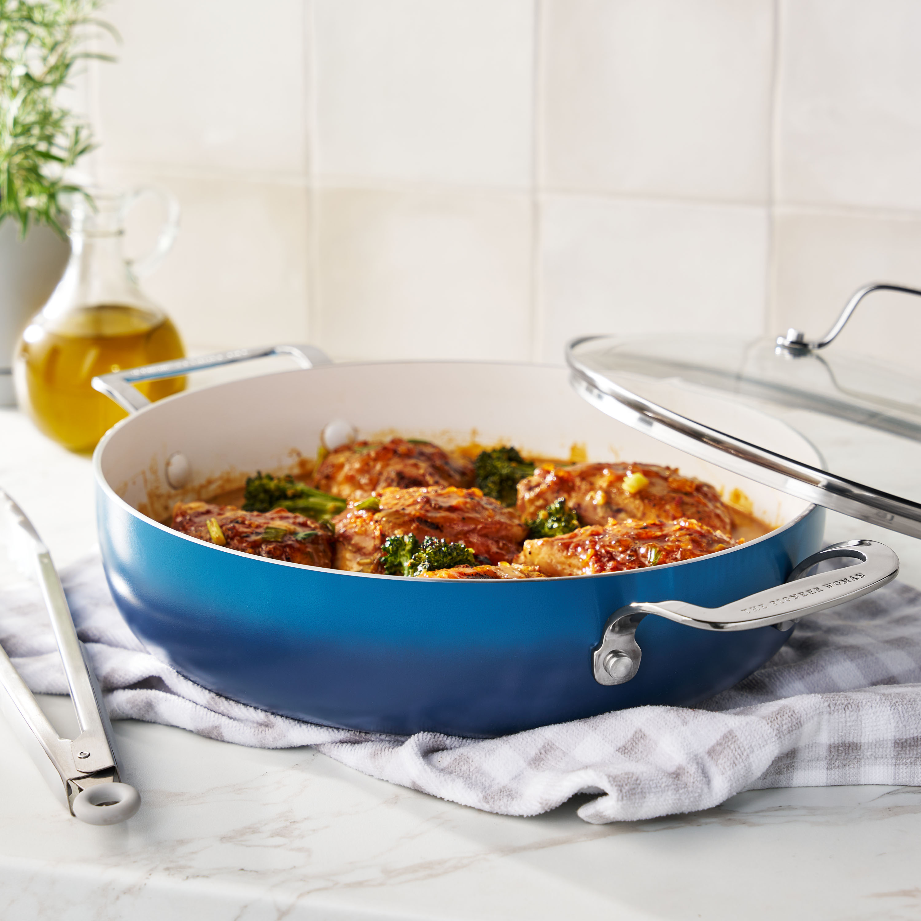 The Pioneer Woman Harlow 12-Inch Ceramic Nonstick Pan with Lid, Denim Blue photo 2