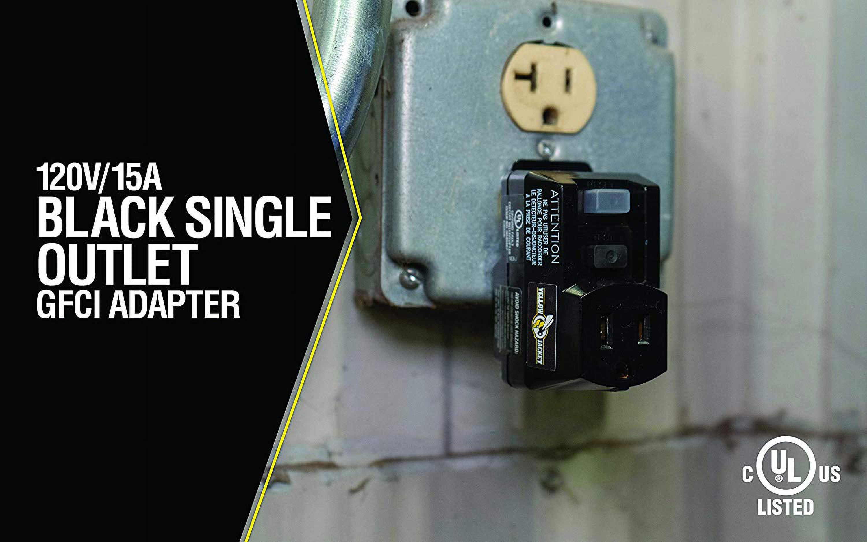 Yellow Jacket 2762 Black 120-Volt, 15-Amps, 1800-Watts Single Outlet GFCI Adapter, For Indoor Use With Manual Reset