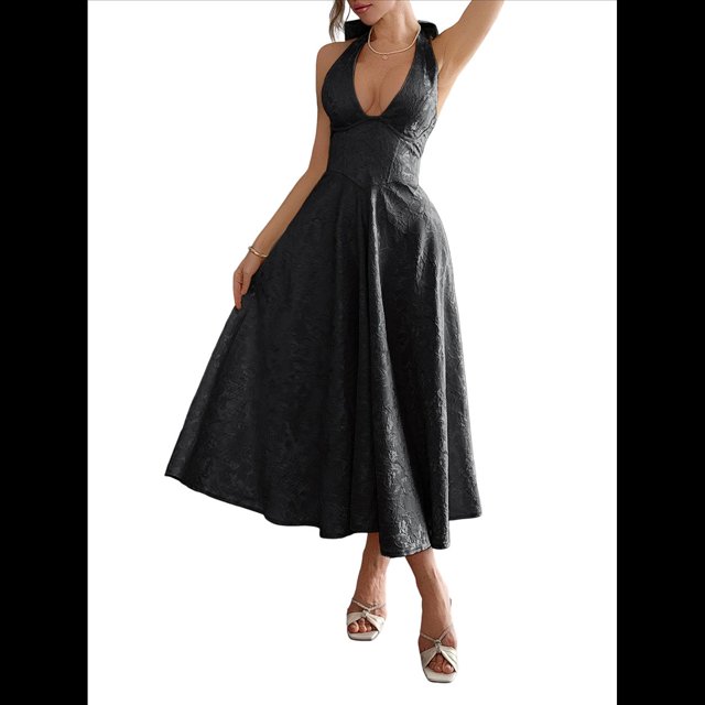 Vestido de Fiesta para Mujer, de Satén Bordado, con Corsé en Forma de A y Corte en A para Cóctel. Negro L