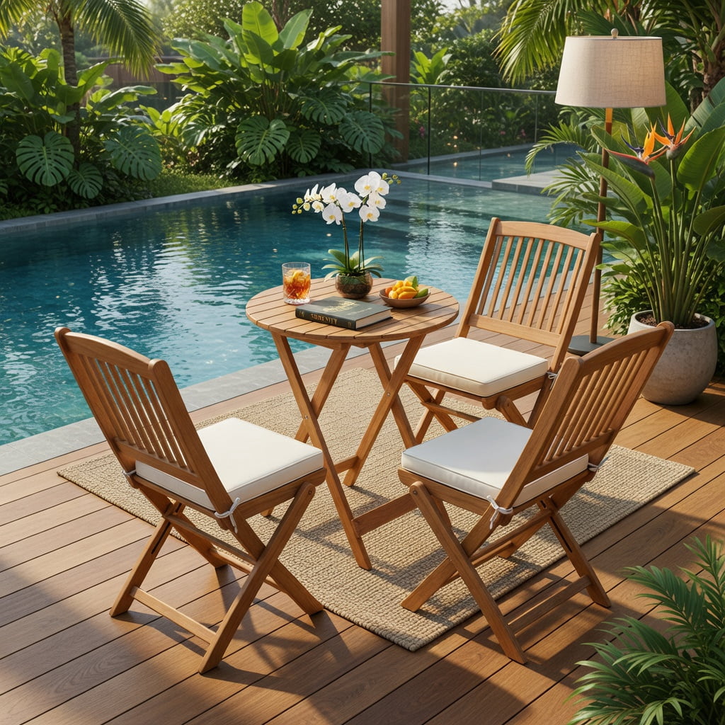 Hommoo 3-Piece Acacia Wood Folding Bistro Set with Removable Cushions, Outdoor Patio Chairs & Round Table for Balcony, Porch, Garden, Natural