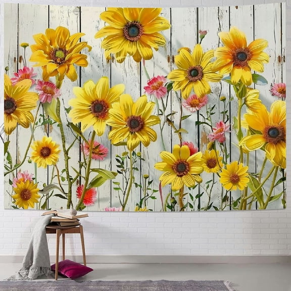 PRATYUS  Room Decor Aesthetic Tapestry for Bedroom and Laundry, Tapestries for Shower Decorations Bathroom, 3D Print Outdoor Garden Soft Fabric Covering Sunflowers White Planks 40x30inch