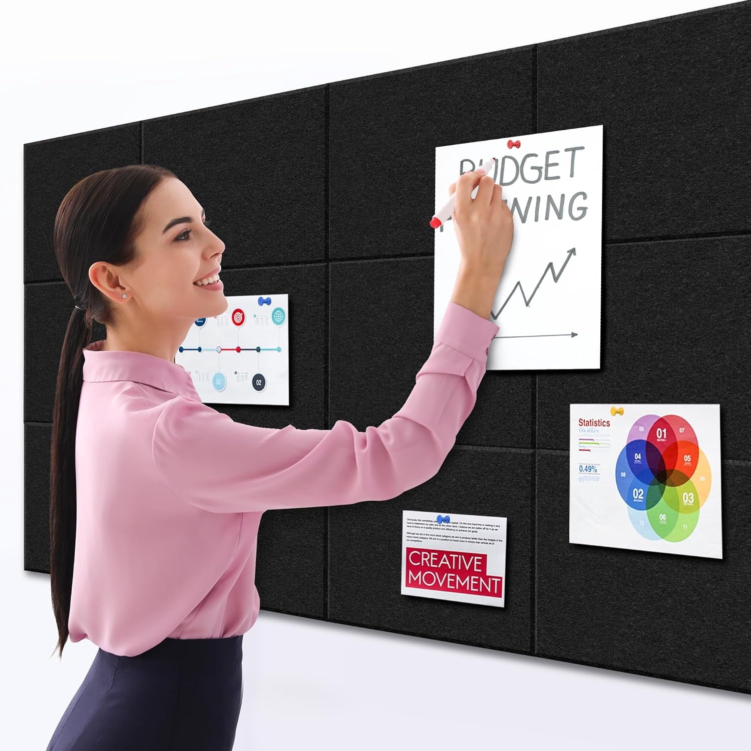 12 Pack Bulletin Board Topboutique Square Felt Wall Tiles Cork Board Large Corkboards Safe Removable Adhesive Tabs Corkboard Alternative for Wall with Pushpins for Home Office,12" x 12"-Black