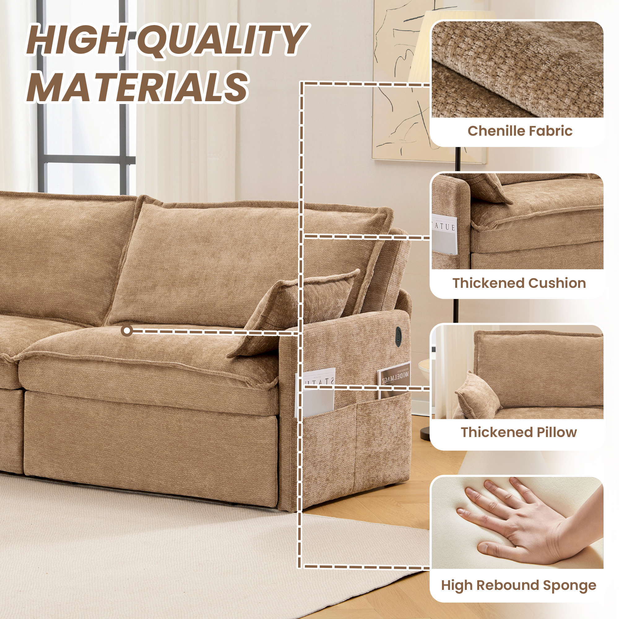 73.6'' Pull Out Sofa Bed, 3 in 1 Convertible Sleeper Loveseat Sofa, Pull Out Couch with USB Charging, Side Pockets for Living Room, Apartment, Small Spaces (Chenille, Khaki)