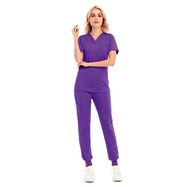 Conjunto de uniforme de trabajo de enfermera dividido con cuello en V, manga corta, bolsillo, ropa de enfermería deportiva de color sólido para el cuidado médico