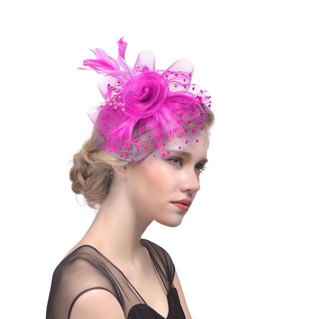Hat for Women Tea Party Headband Wedding Flower Cocktail Mesh Feathers Hair Clip