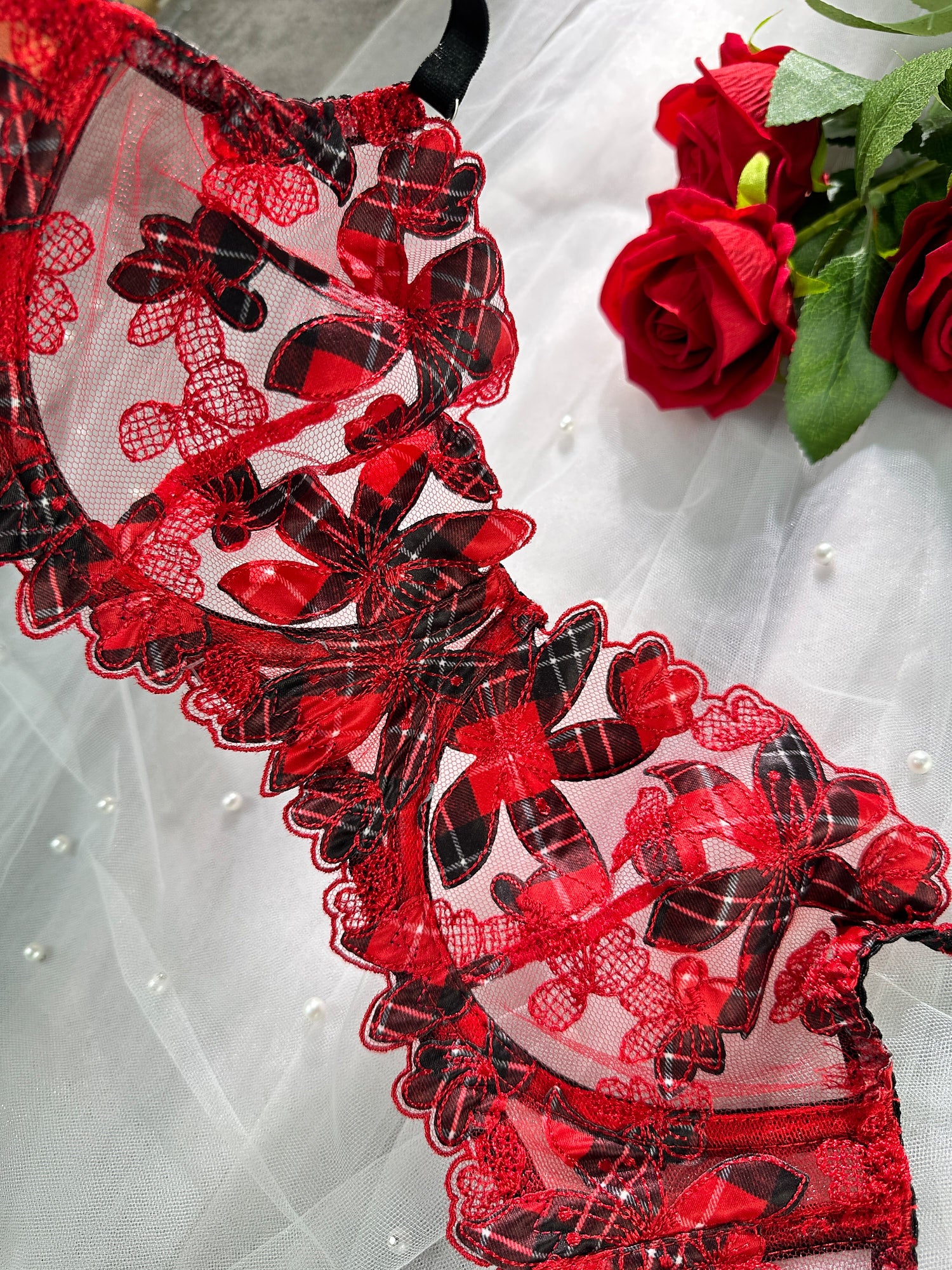Red Tartan Flower Lingerie Set (RED, XL)