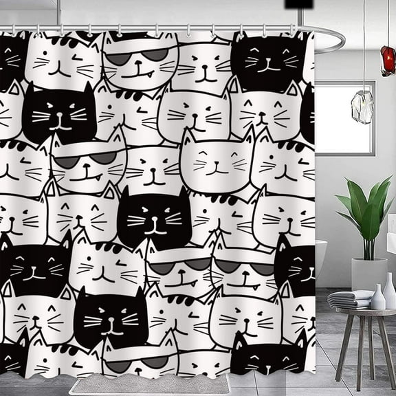 Funny Cat Shower Curtain for Bathroom Decor Cartoon Cute Kitten Face Animals Polyester Waterproof Bathroom Curtain with 12 Hooks 72"X72" Birthday Gifts for Women Cat Lovers,Washable,Black
