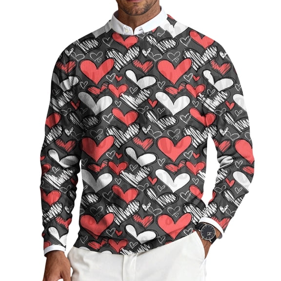 QHRMKOG Men's Valentines Day Sweater Romantic Heart Print Pullover Loose Fit Long Sleeve Round Neck Sweater Winter Fashion Tops Pink L