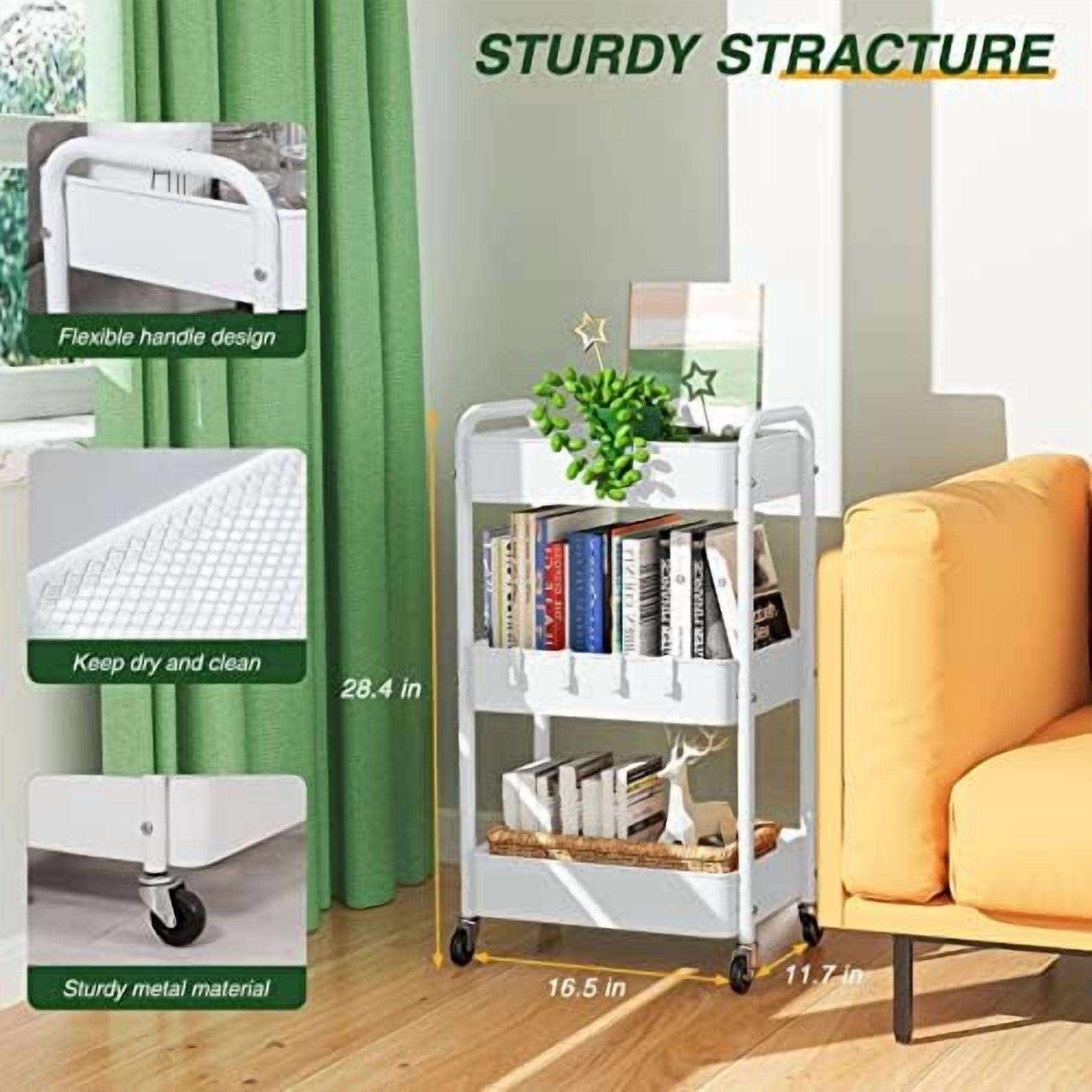 3 Tier Rolling Storage Cart, Metal Trolley Utility Cart with Wheels & Hooks, Easy Assembly Organizer Storage Cart for Bathroom Kitchen Office Bedroom White