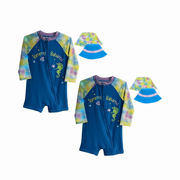 2 Pack of Tommy Bahama Toddler Long Sleeve Wetsuit with Reversible Sun Hat - UPF 50 Baby wear for Boys & Girls (18-24 Months)