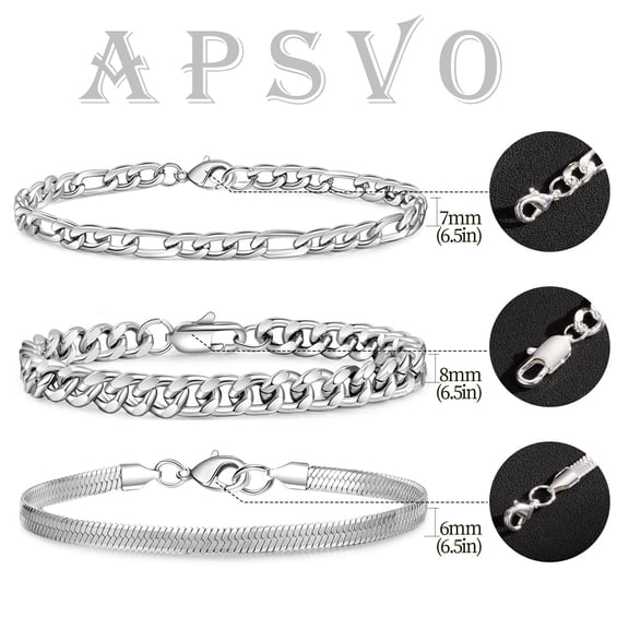 APSVO 3 Pcs Sterling Silver Plated Bracelets for Men Women Boys Charm Cuban Figaro Herringbone Chain Bracelets Set Birthday Easter Basket Stuffers Jewelry Gifts Teen Adults Kids 6.5/7/7.5/8.3/9 Inch