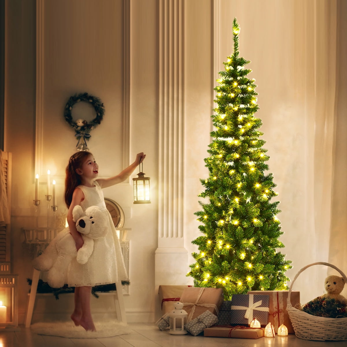 Costway 6.5ft Pre-Lit Hinged Pencil Christmas Tree 250 White Lights