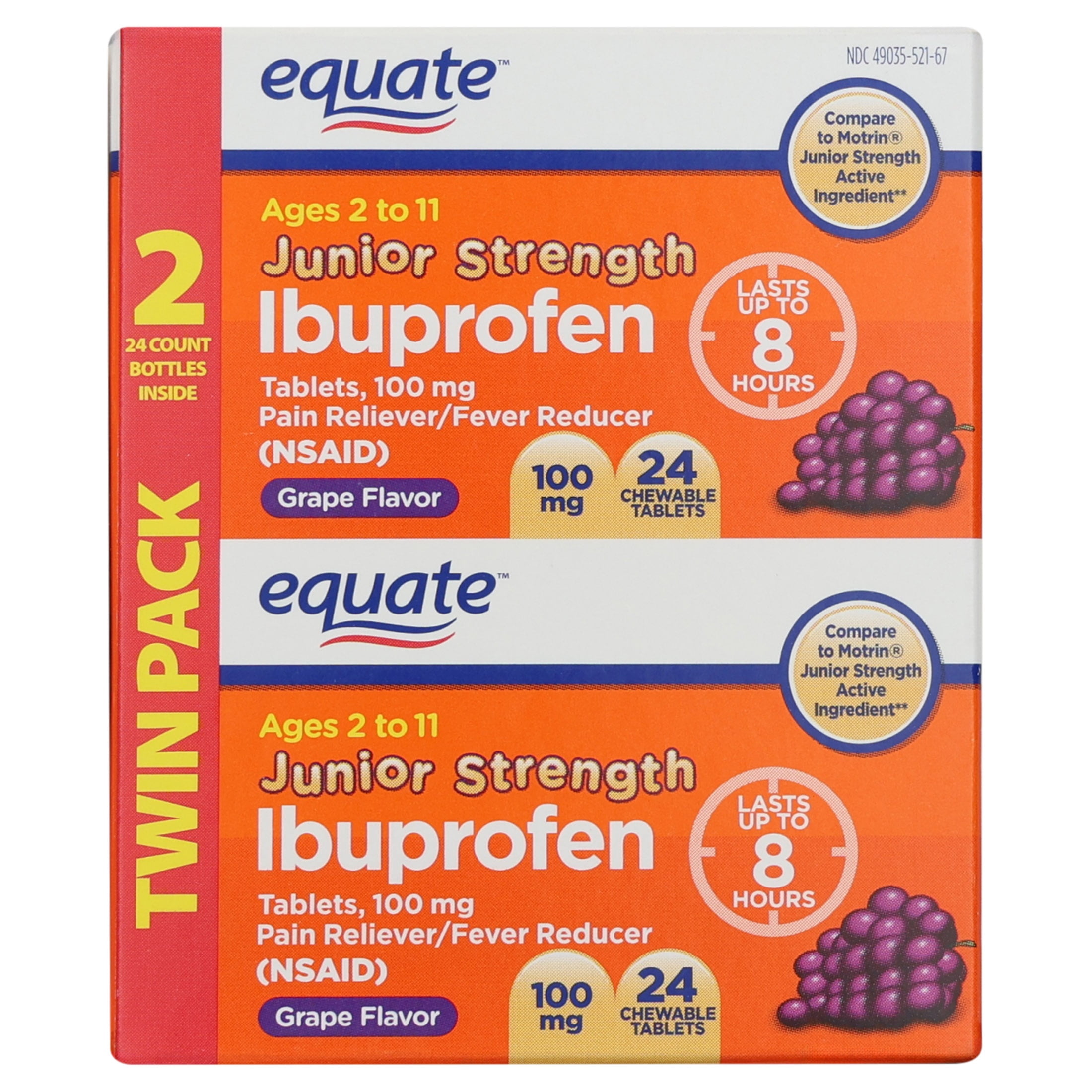 (3 pack) Equate Children's Ibuprofen Chewable Tablets, 100 mg, Grape Flavor, Ages 2 to 11 Years, 48 Count (2x24 Count), Compare to Children's MotrinÂ® Active Ingredient