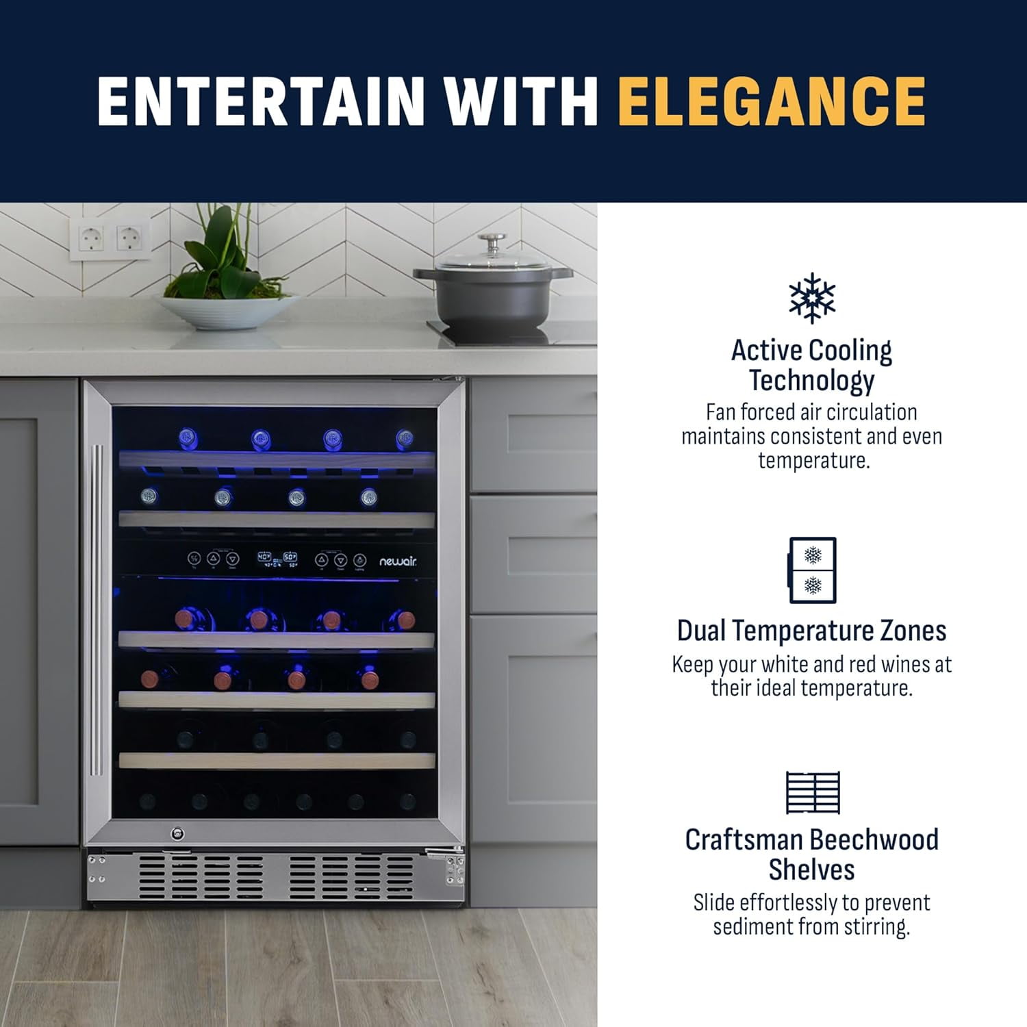 Restored Newair 24 inch 46 Bottle Wine Cooler Refrigerator, Built-in Recessed Kickplate, Dual Zone Wine Fridge in Stainless Steel (Refurbished)