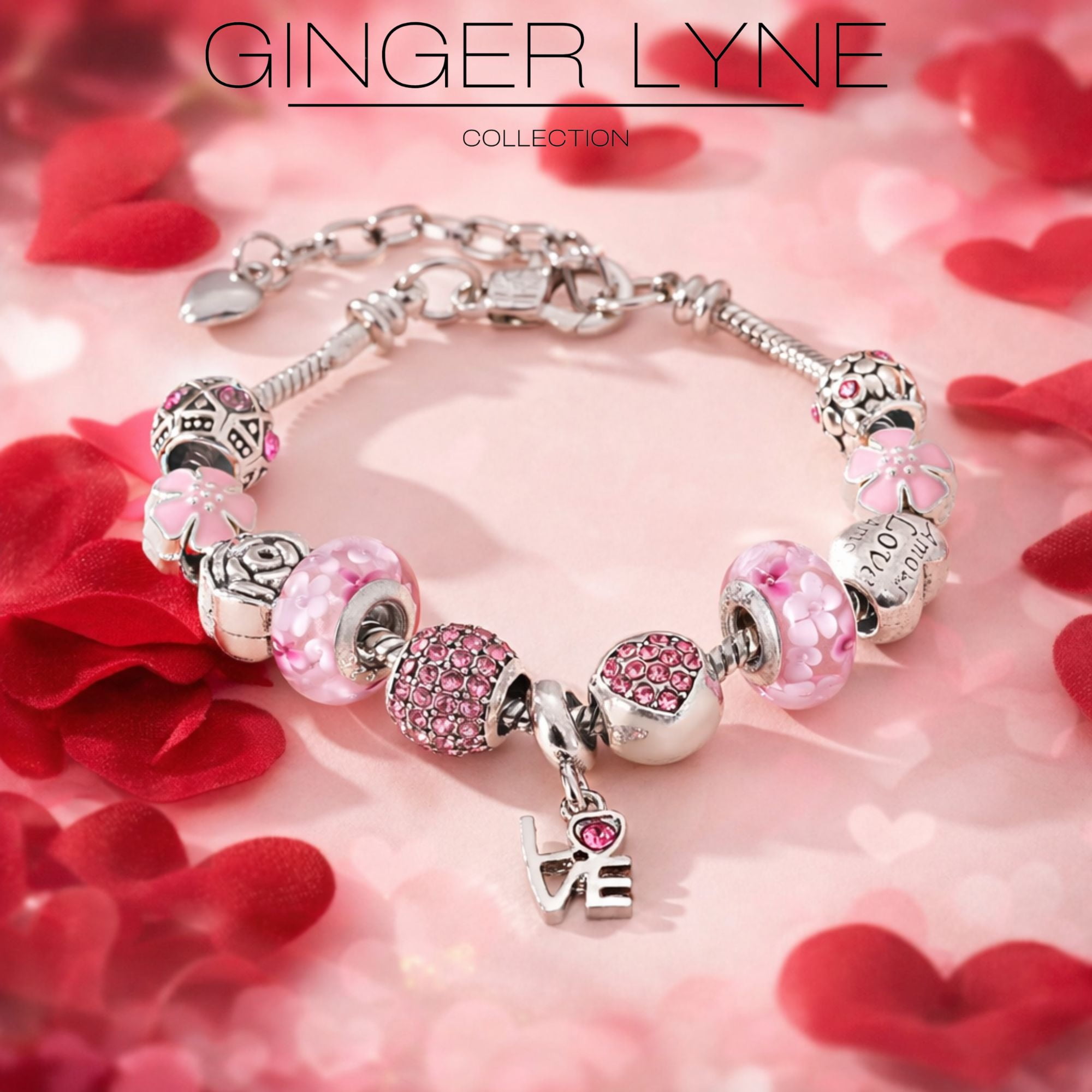 Love Theme Charm Bracelet for Women by Ginger Lyne 9" Alloy Pink Italian Style Beads Valentines Gifts