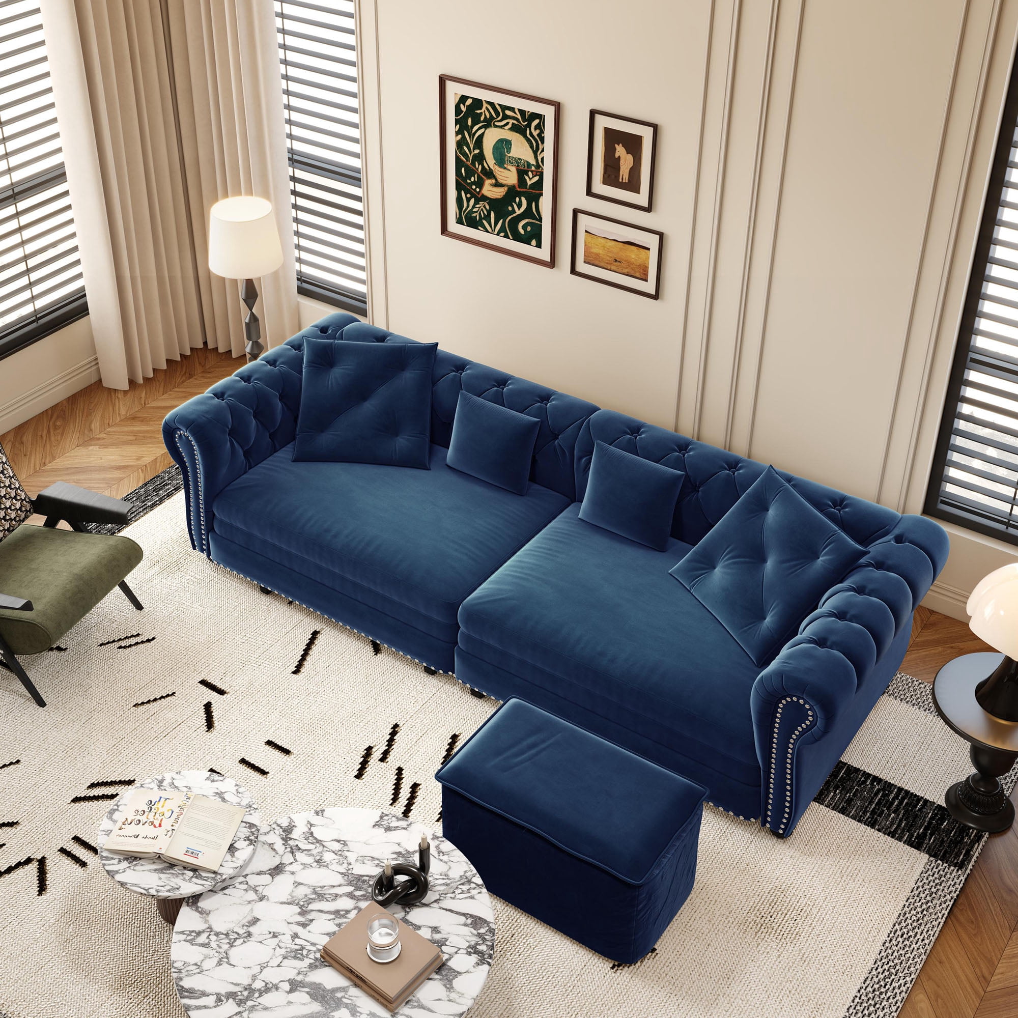 Firscook 89" Chesterfield King Size Pull Out Sofa Bed with Ottoman, Velvet Sleeper for Small Apartment, Blue