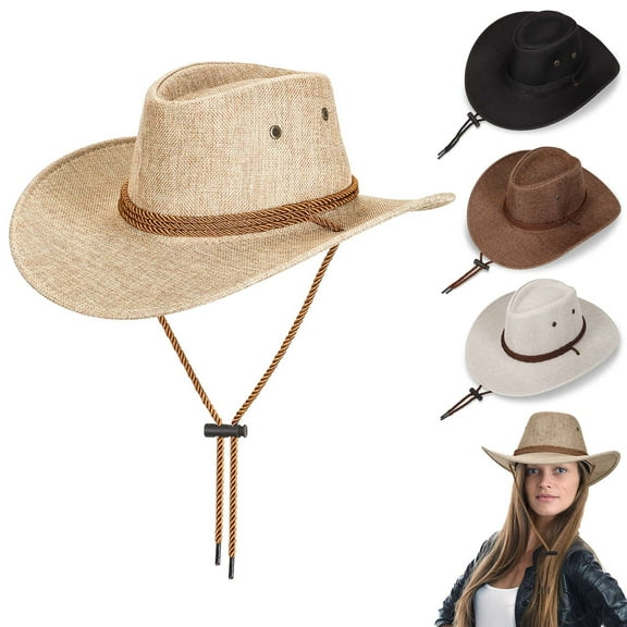 Gustave Cowboy Hat for Men Women Classic Western Cowgirl Hat Wide Brim Cap Fedora Sun Hats with Wind Lanyard - Beige